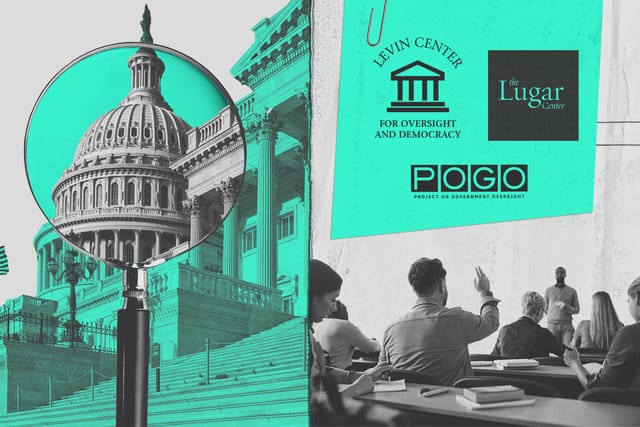 Collage of a seminar with someone raising their hand, the Capitol Building, a magnifying glass, and the logos of the boot camp's three sponsoring organizations.