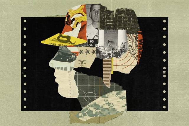 An Army soldier in profile comprised of collage clippings of extremist photos