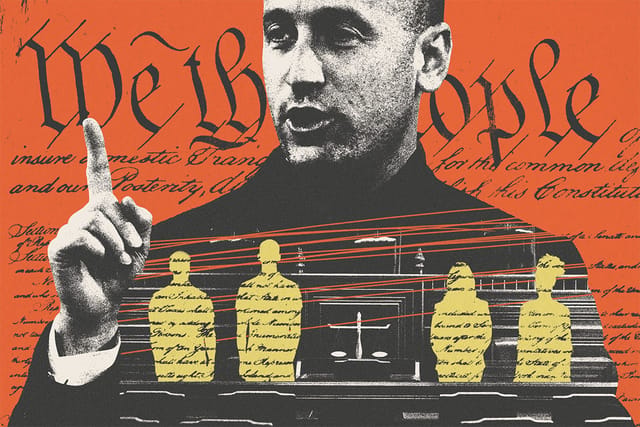 Collage of White House Deputy Chief of Staff for Policy Stephen Miller raising a finger, a shadowy courtroom, silhouettes of people, scribbles, and the Constitution.