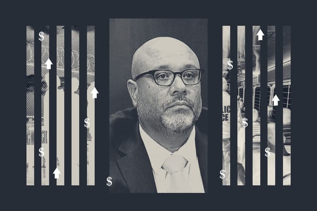 A photo collage with a screenshot of Daniel A. Bible in the center. To the left and right, in the shape of vertical bars, are the Eloy Detention Center and an ICE officer on a filled bus to a detention center, surrounded by dollar signs and upward arrows.