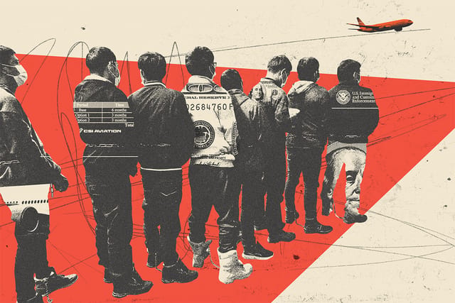 Collage of immigrants with handcuffs and shackles waiting to be deported. Clippings of money and documents with the CSI logo layer on top of their silhouettes. In the distance, an airplane takes off.