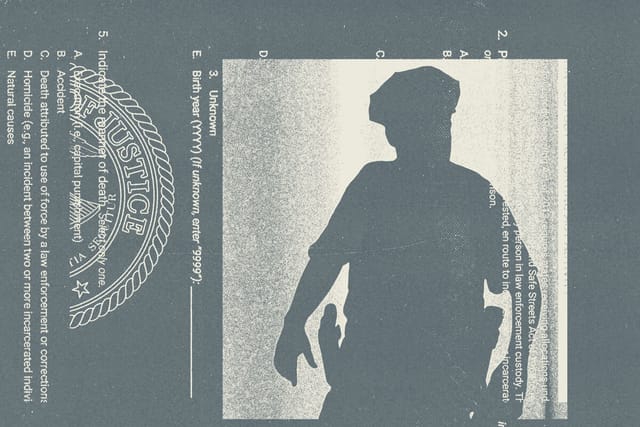 Collage of the Department of Justice logo, form questions, and the silhouette of a police officer