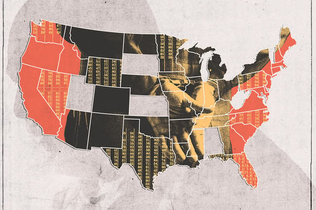 Collage of a map of the U.S., a handcuffed person, an inmate, and sets of numbered data.