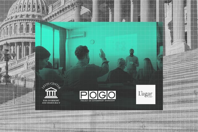 Collage of the Capitol building, a classroom, the Levin Center for Legislative Oversight and Democracy logo, The Lugar Center logo, and the POGO logo.