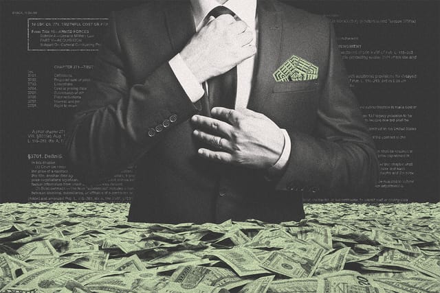 Collage of a businessman with a small Pentagon peeking out of his pocket fixing his tie while standing in a waist-high sea of money.