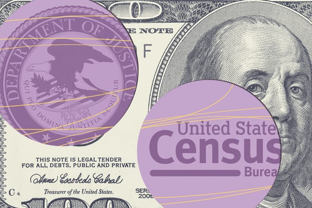 Collage of $100 bill, Department of Justice logo, and U.S. Census Bureau logo.