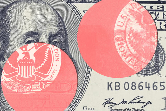 Collage of a close-up of a hundred dollar bill and the logos for Department of Homeland Security and Customs and Border Protection