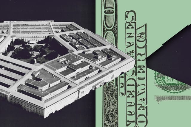 A collage of the Pentagon building and a close-up of a hundred dollar bill.