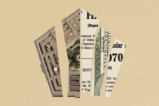 Collage of the Pentagon building, the H.R. 8070 bill, and a hundred dollar bill