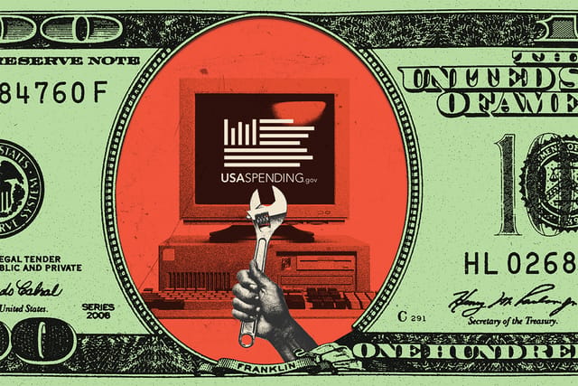 Collage of a $100 bill with the portrait removed, revealing a computer with the USAspending.gov logo and a hand holding a wrench.