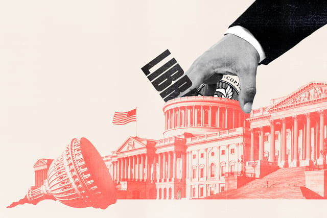 A large hand reaches inside the U.S. Capitol Building dome, grasping at the logos of the Library of Congress and the U.S. Copyright Office.