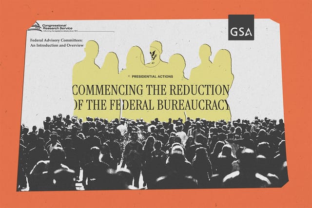 Collage of a paper clipping containing a crowd, the General Services Administration logo, a Congressional Research Service document, and a group of people that has been cut out revealing a presidential action document.