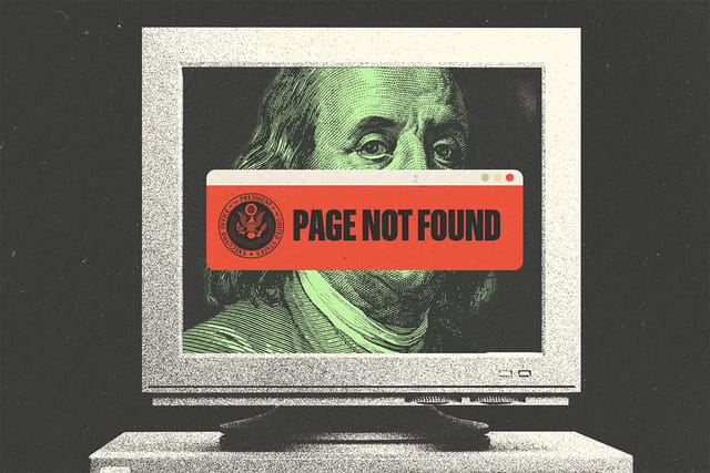 Collage of a computer monitor with Benjamin Franklin on the screen and a “page not found” pop-up with the presidential seal.
