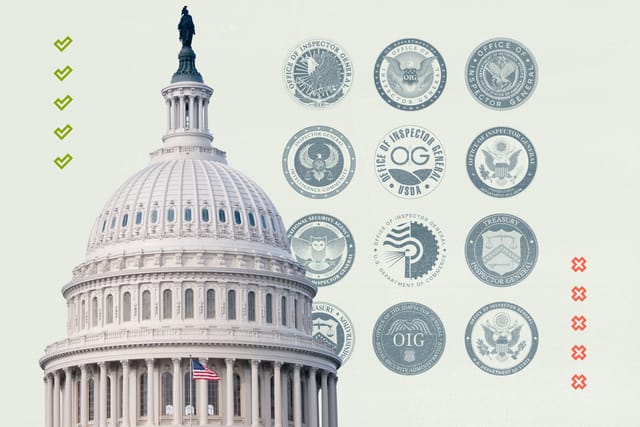 Collage of the U.S. Capitol building dome, various inspector general logos, checkmarks, and cross marks.