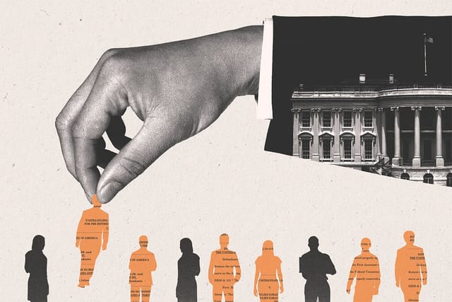 Collage of big hand placing an object in the shape of a person into a line up of other people.