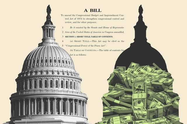 Collage of the Impoundment Control Act of 1974 and the U.S. Capitol building and its silhouette with money inside it.