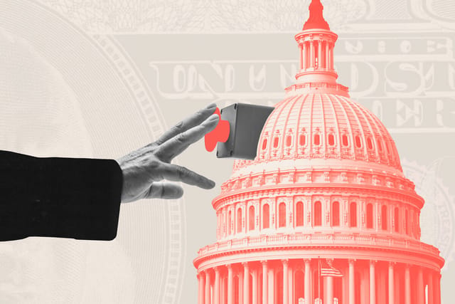 Collage of a hand pressing a shutdown button on the U.S. Capitol building dome. In the background, a hundred dollar bill looms.