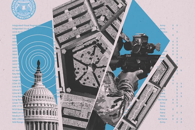 Collage of a clipping of a DOT&E document and seal, and pieces of the Pentagon containing images of the Capitol building and a soldier aiming a XM7 rifle.