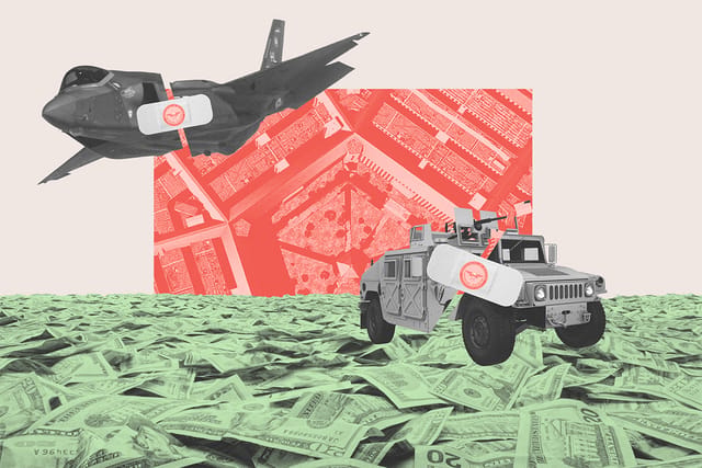 Collage of a sea of money, a broken F-35, and a broken military vehicle covered in bandages labelled with the DOD logo. Behind, a large clipping of the Pentagon building looms.