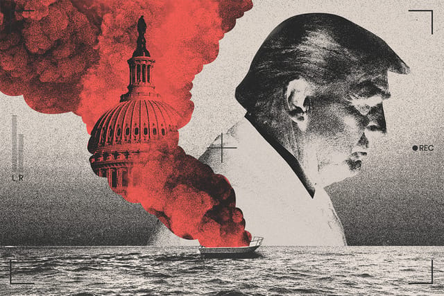 Collage of U.S. President Donald Trump, smoke coming off a boat in the middle of the ocean, and the Capitol building inside of the smoke.