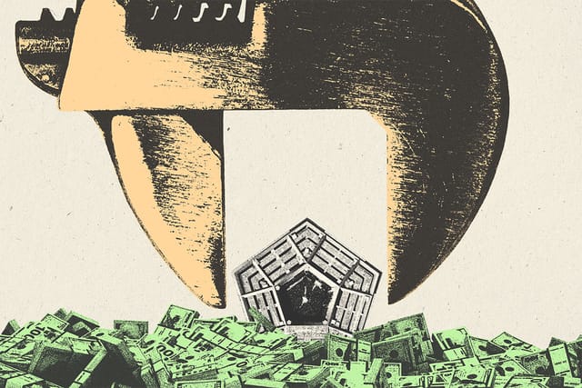 Collage of a giant wrench looming over the Pentagon building in a sea of money.