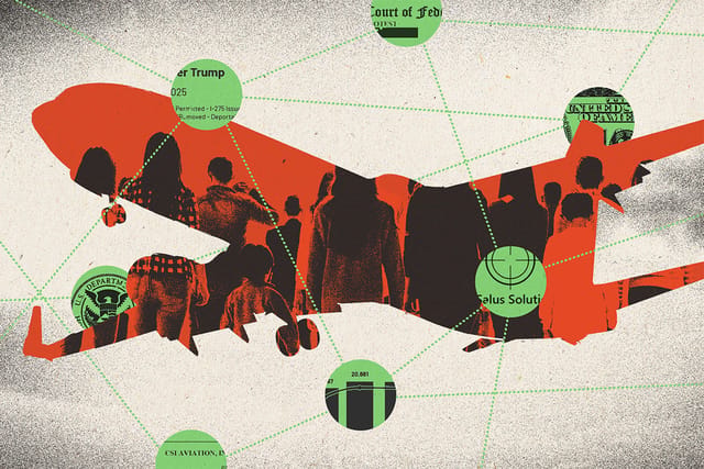 Collage of airplane silhouette containing images of a group of people walking away, and multiple circles arranged around the plane which are connected by dotted lines. The circles contain clippings of a $100 dollar bill, the Salus Worldwide Solutions logo, a self deportation chart, and court documents.