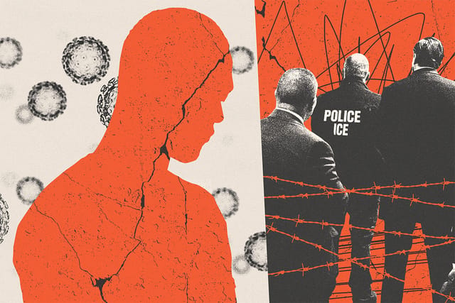 Left: Collage of the silhouette of a man with cracks and textures, and floating virus particles in the background. Right: Collage of a group of ICE officers facing away from a barbed wire fence and scribbles in the background.