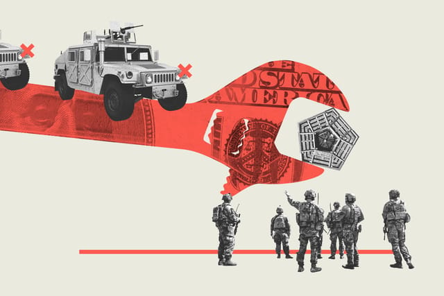 Collage of military vehicles balancing on a large wrench crushing the Pentagon building. Soldiers in fatigues stand and watch in the foreground.