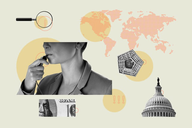 Collage of a woman blowing a whistle, warning signs, a world map, money, a magnifying glass, and the buildings of the U.S. Capitol and Pentagon.