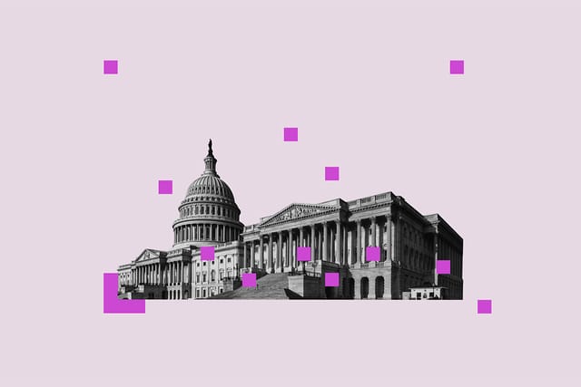 Collage of U.S. Capitol in black-and-white with simple shapes.