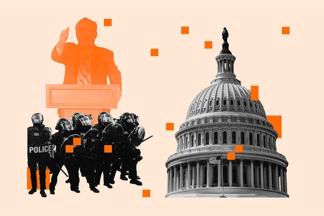 Collage of police in riot gear, a political figure on a podium, and the U.S. Capitol.