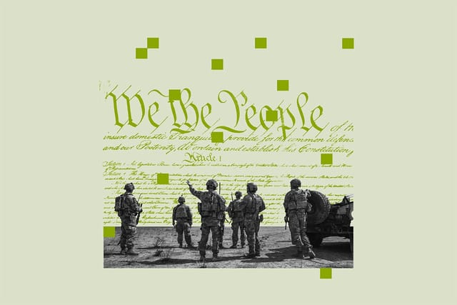 Collage of U.S. soldiers pointing at the Constitution. Text: We the People.