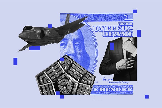 Collage of an F-35, the Pentagon, a businessman fixing his tie, and a hundred dollar bill.