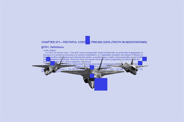 Collage of three F-35s and a clipping from the Truth in Negotiations Act.