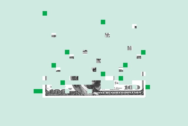 Square bits and pieces float haphazardly at the top of the canvas but start to form the shape of a flat hundred dollar bill as they move downward.