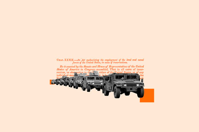Collage showing a line of military and police vehicles and a clipping from the Insurrection Act.