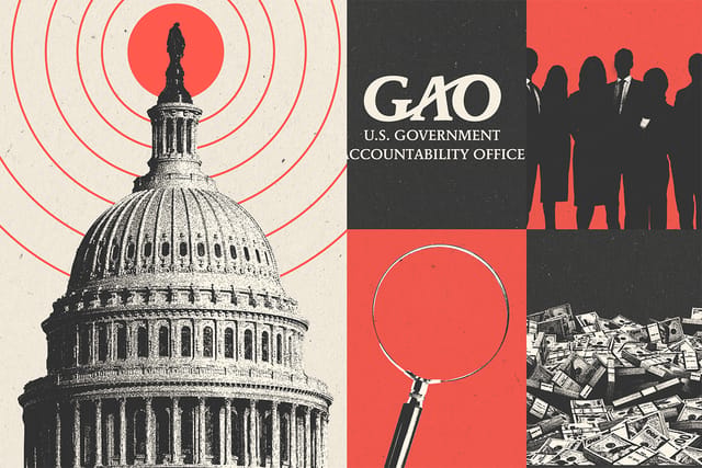 Collage of the Capitol building, the GAO logo, silhouettes of people, a magnifying glass, and money.
