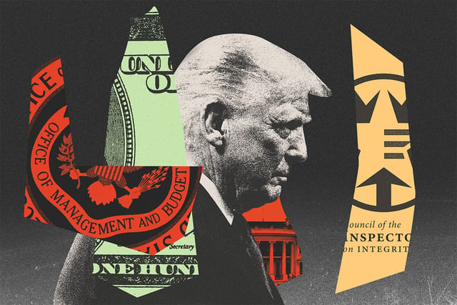 Collage of U.S. President Donald Trump and clippings of the OMB logo, CIGIE logo, a hundred dollar bill, and the White House.