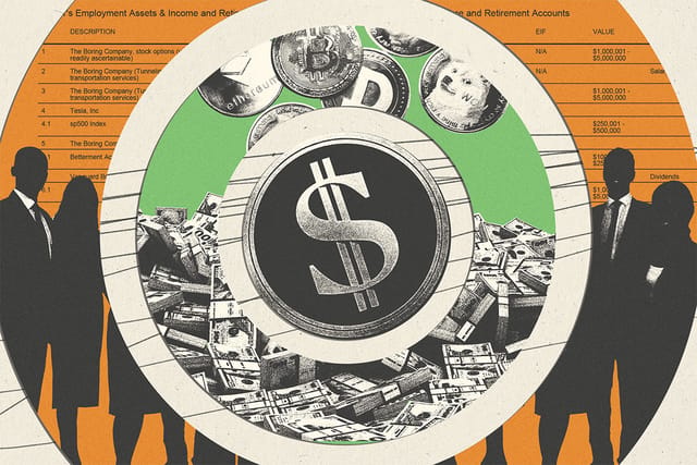Collage of the DOGE logo, money, cryptocurrency, obscured employees and financial disclosure clippings.