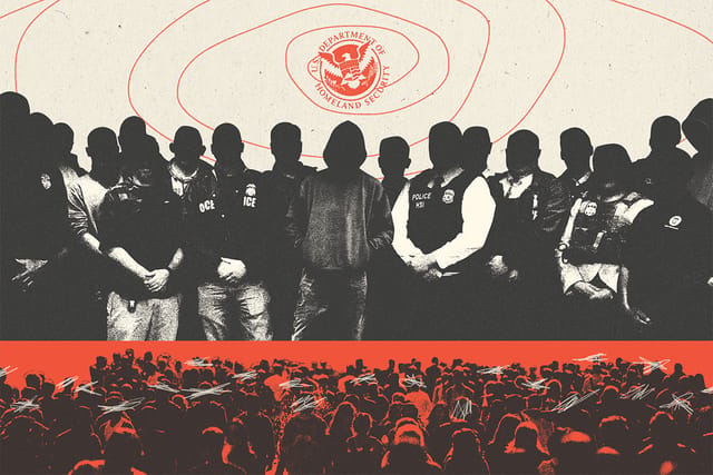 Collage. Top: A looming DHS logo behind a group of obscured agents. Below, a crowd of people with individuals scratched out.