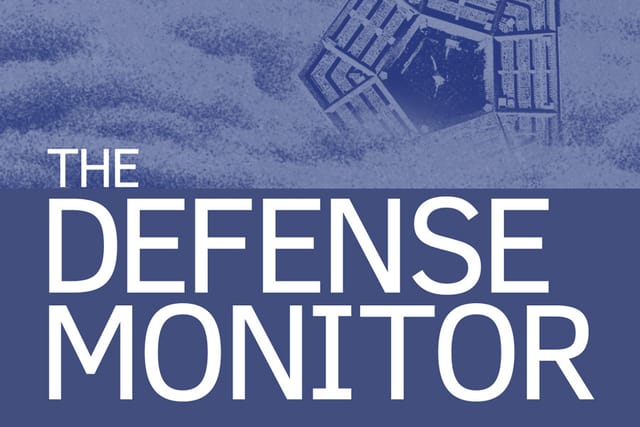 The Defense Monitor logo in front of a top-down view of the Pentagon building