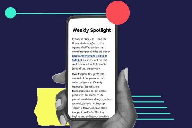 Hand holding a phone displaying POGO's Weekly Spotlight email on screen
