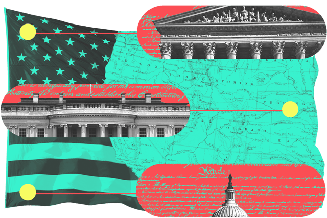 Collage of the Supreme Court, White House, and Capitol building