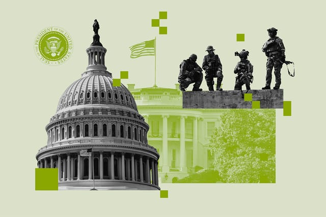 Collage of the U.S. Capitol, the White House, the seal of the U.S. president, and a group of soldiers.