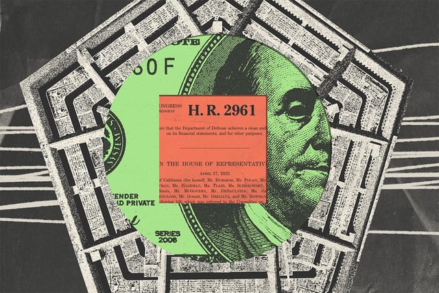 Collage of the Pentagon, a $100 bill, and a clipping from the Audit the Pentagon Act.