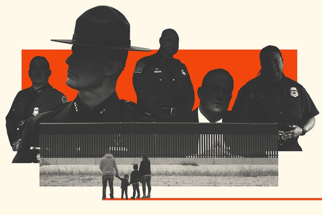 Collage of an immigrant family standing in front of the U.S.-Mexico border wall and five obscured Customs and Border Protection officials on the other side.