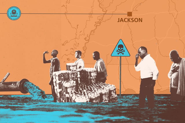 Collage of Jackson, Mississippi residents standing in a pool of toxic water and a map of Mississippi in the background.