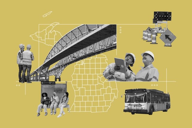 Collage of a Michigan county map, engineers and construction workers, a city bus, people waiting at a bus stop, road work signs, and the Blue Water Bridge.