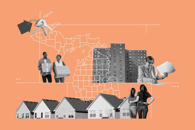 Collage of a Michigan county map, a set of house keys, a couple moving in, an apartment building, a woman signing papers, and a couple looking out over a row of houses.