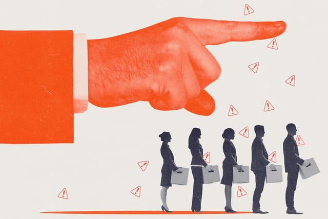 Collage of a giant, looming hand pointing; underneath, a queue of fired workers hold cardboard boxes with danger symbols scattered around them.